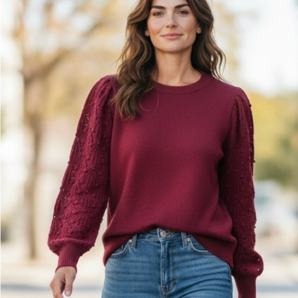 Ann Taylor Factory Burgundy Crewneck Sweater with Lace-Textured Balloon Sleeves